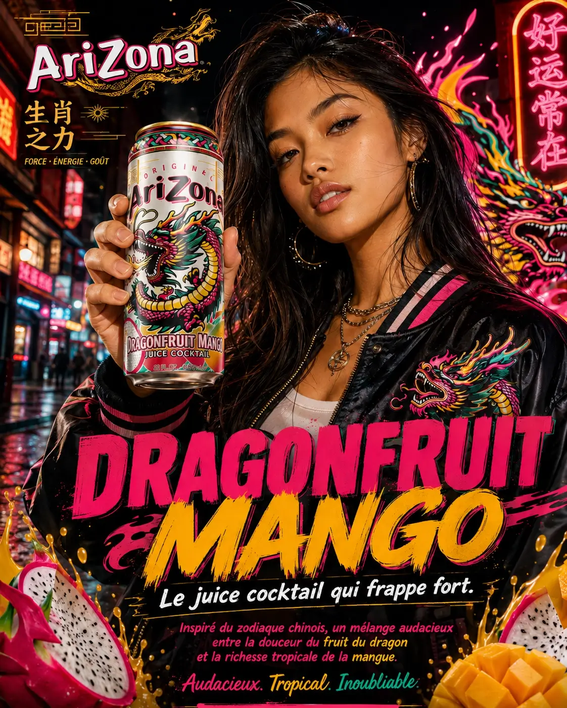 Affiche publicitaire Arizona Dragonfruit Mango neon