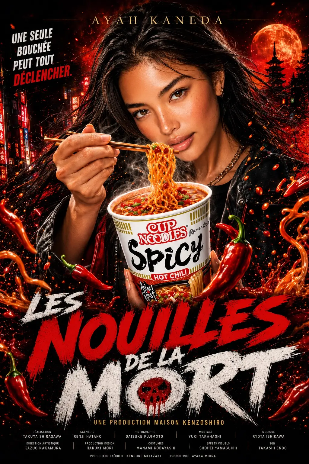 Affiche publicitaire Cup Noodles Spicy dans une ambiance japonaise nocturne