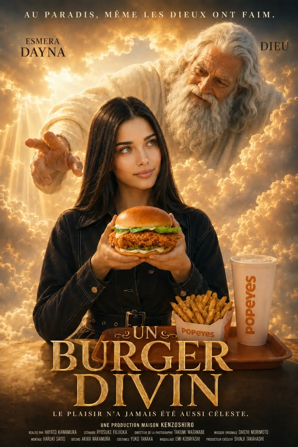 Affiche publicitaire Popeyes avec une femme tenant un burger dans un décor céleste