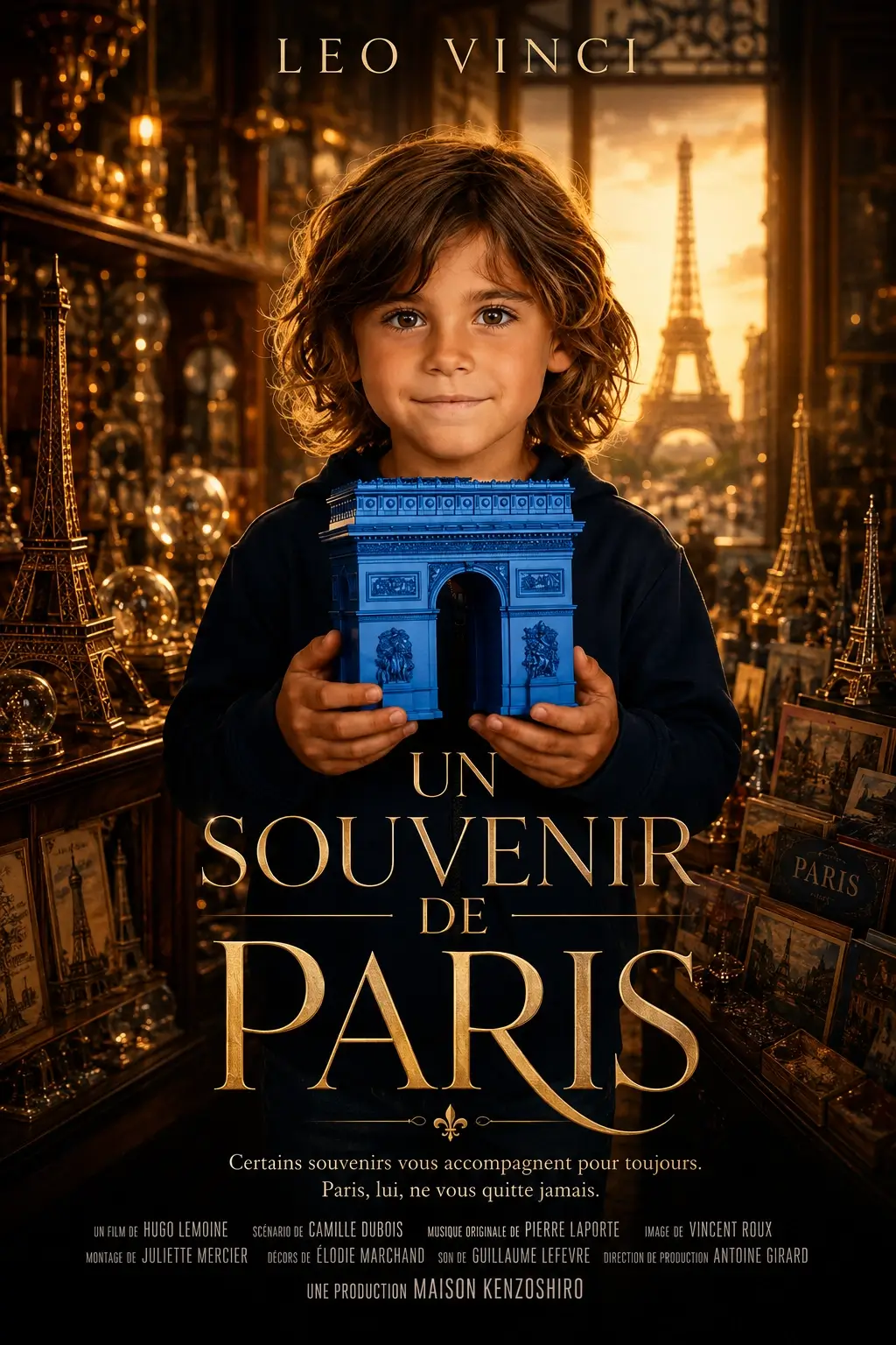 Affiche publicitaire Un souvenir de Paris avec un enfant tenant un Arc de Triomphe miniature