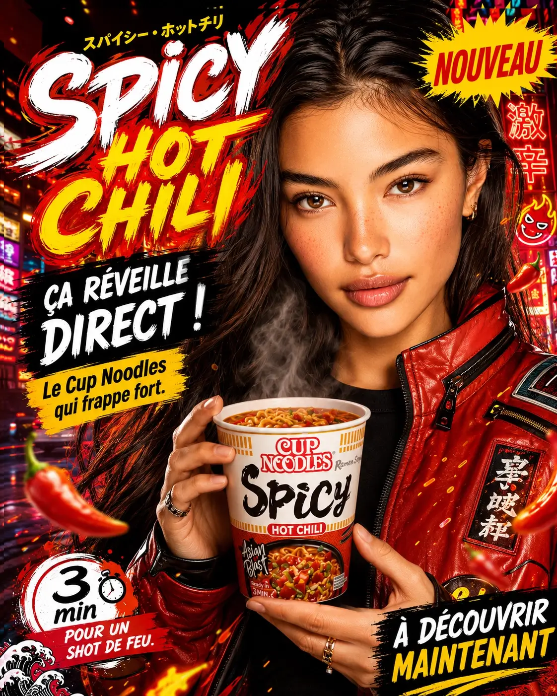 Affiche publicitaire Cup Noodles Spicy au style urbain japonais