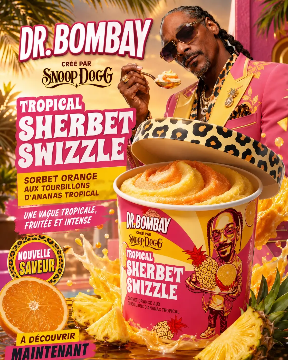 Affiche publicitaire Dr. Bombay tropicale avec Snoop Dogg