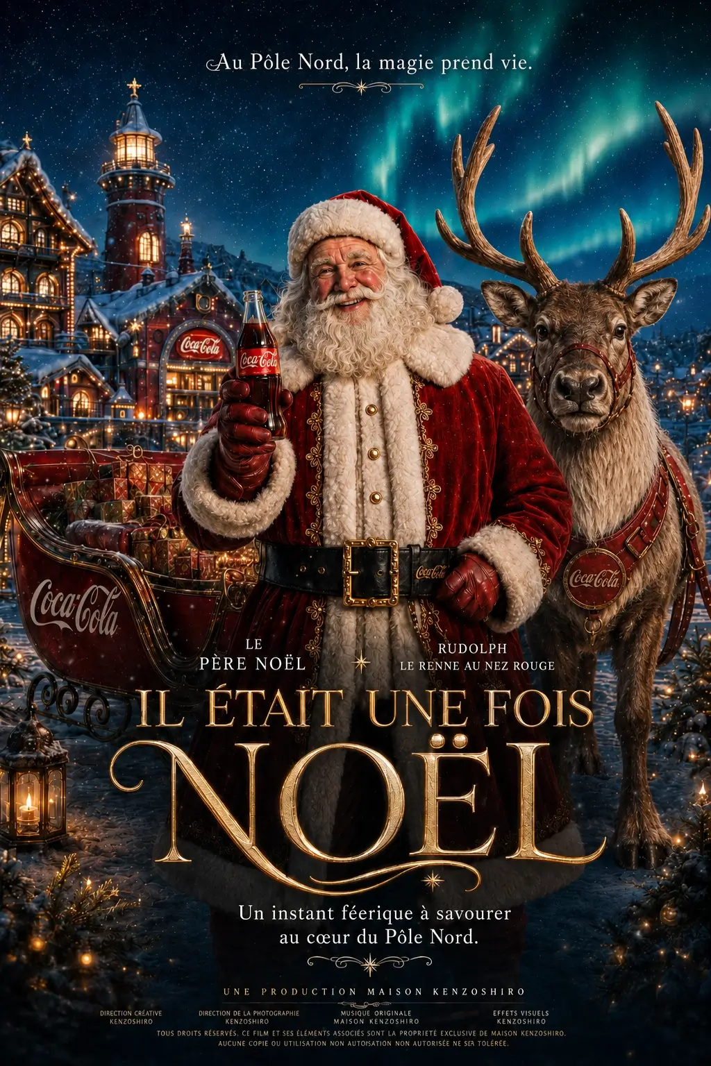 Affiche publicitaire de Noël avec le Père Noël et Rudolph au Pôle Nord