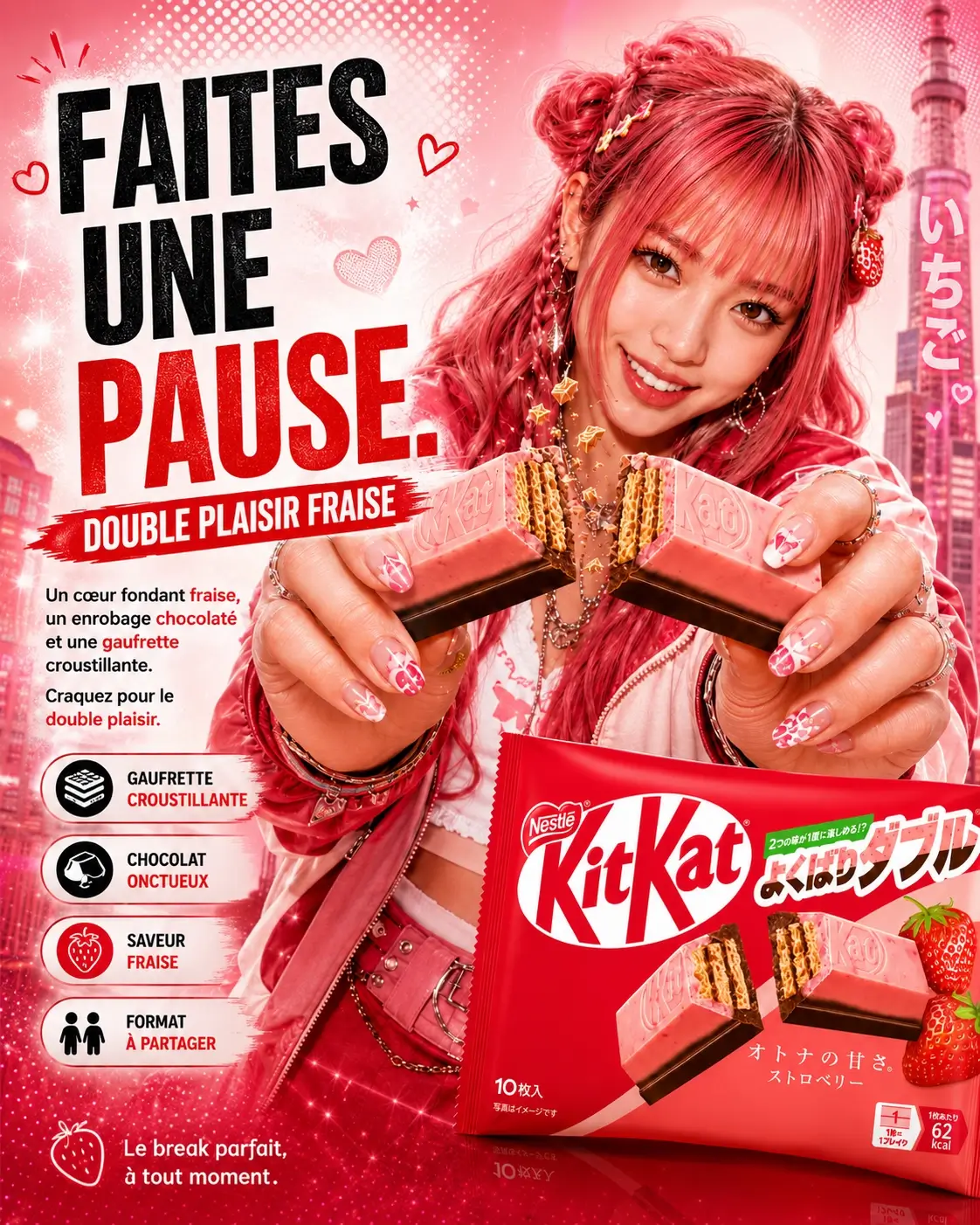 Affiche publicitaire KitKat fraise rose et gourmande