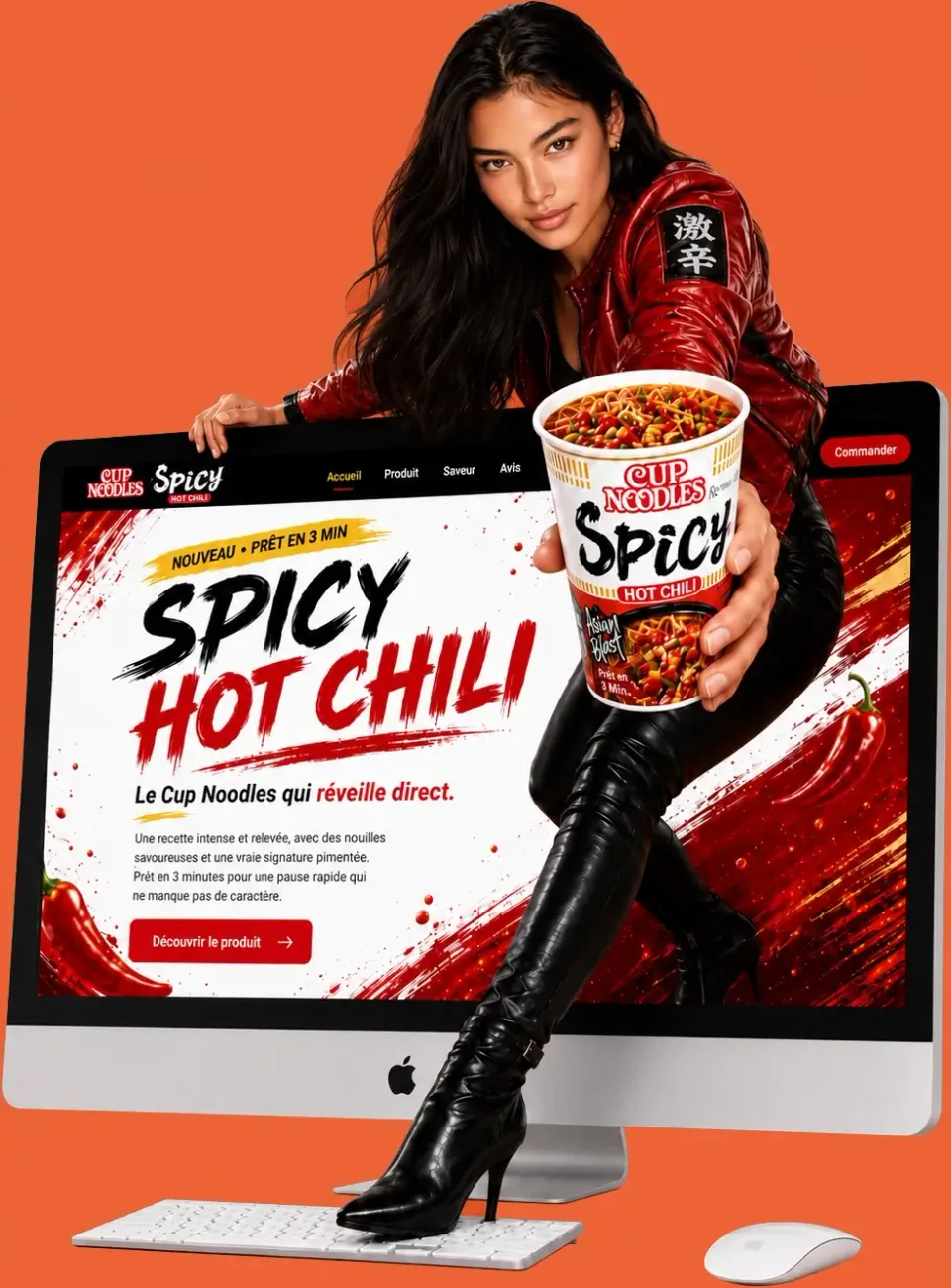 Modèle de site internet Cup Noodles Spicy Hot Chili présenté sur un ordinateur