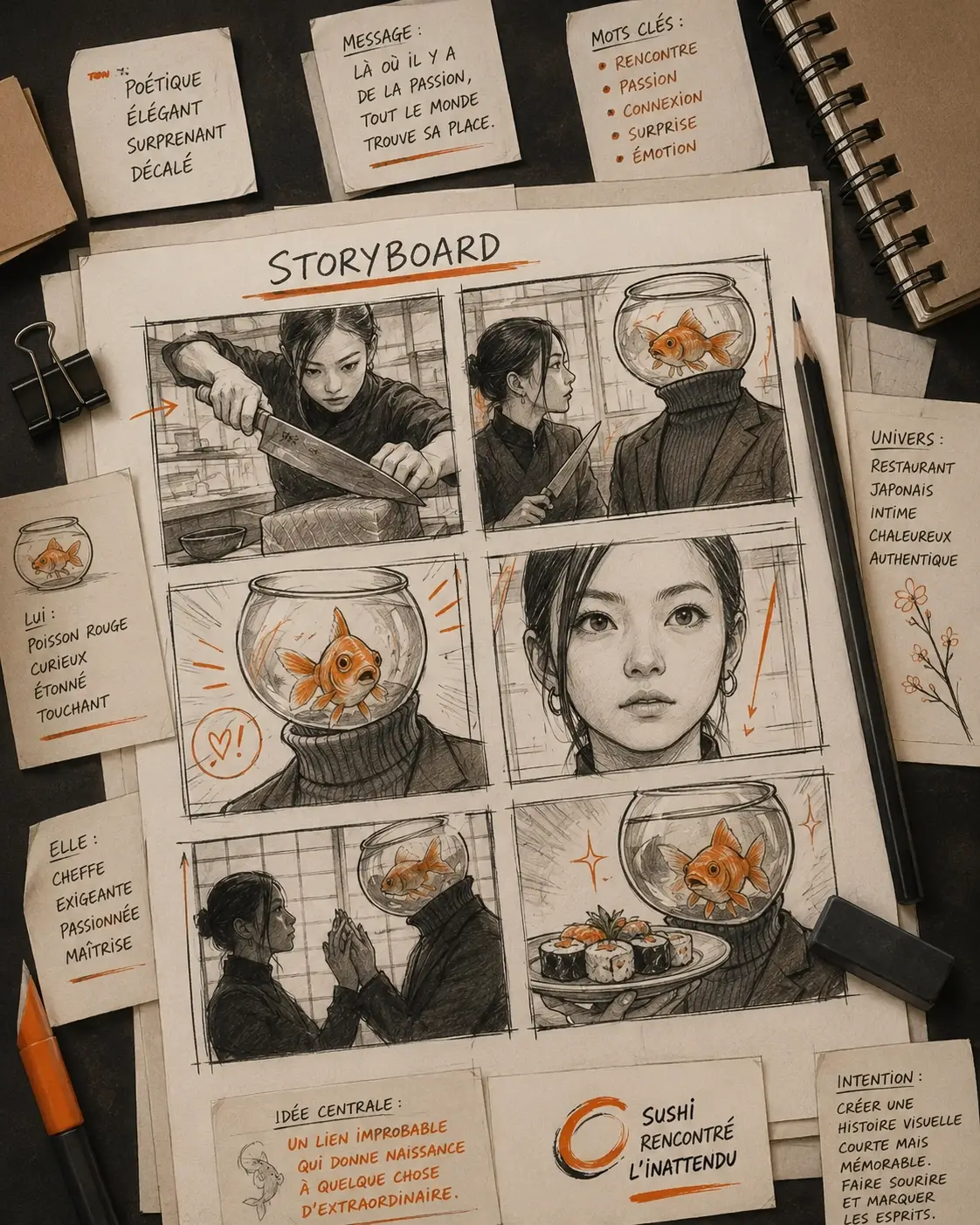 Storyboard préparatoire d'une scène publicitaire IA dans un restaurant japonais