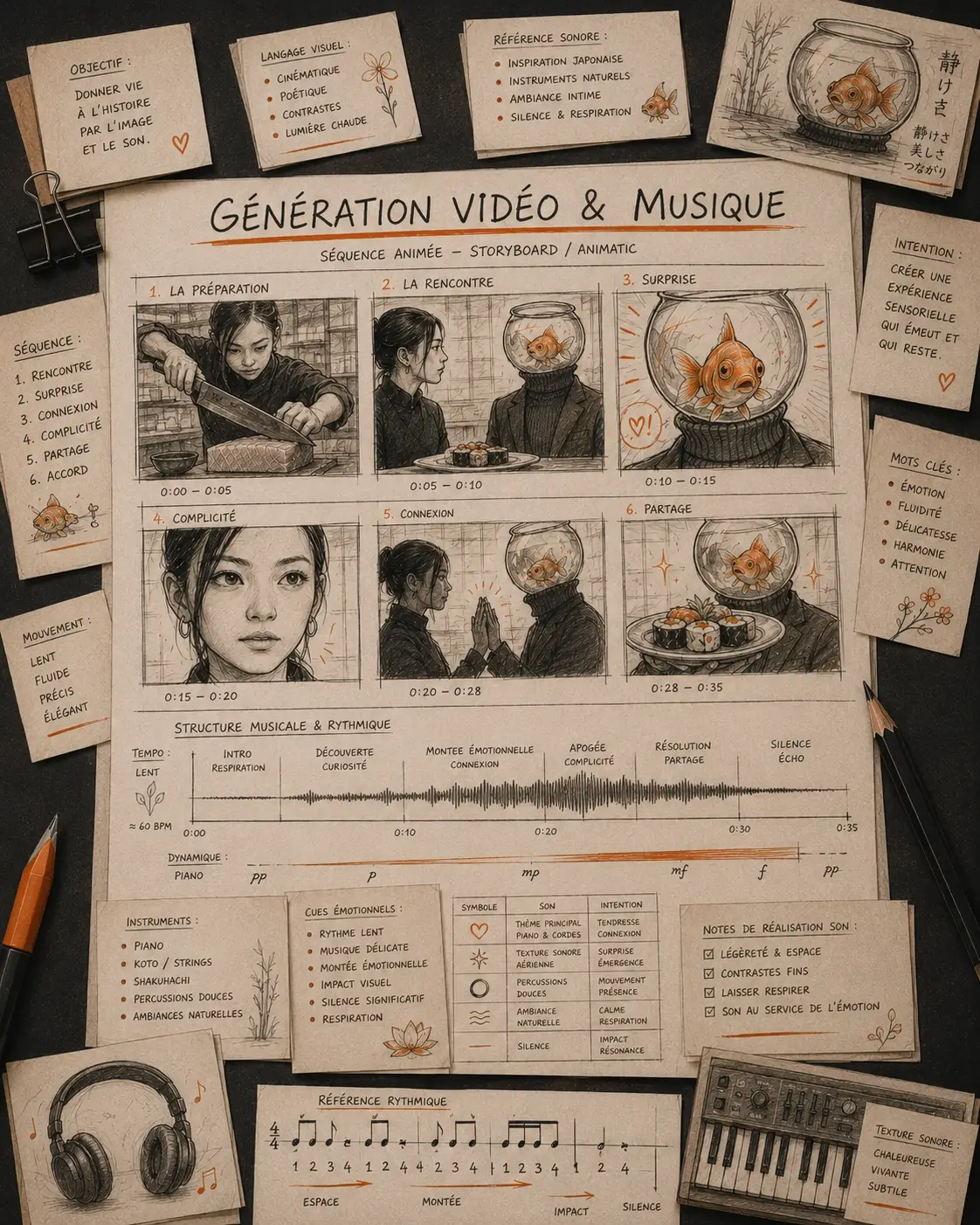Planche de génération vidéo et musique pour une publicité IA