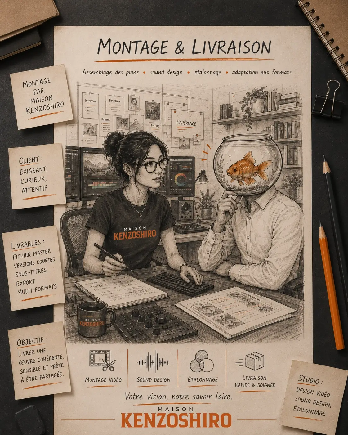 Planche de montage et livraison pour finaliser une publicité IA
