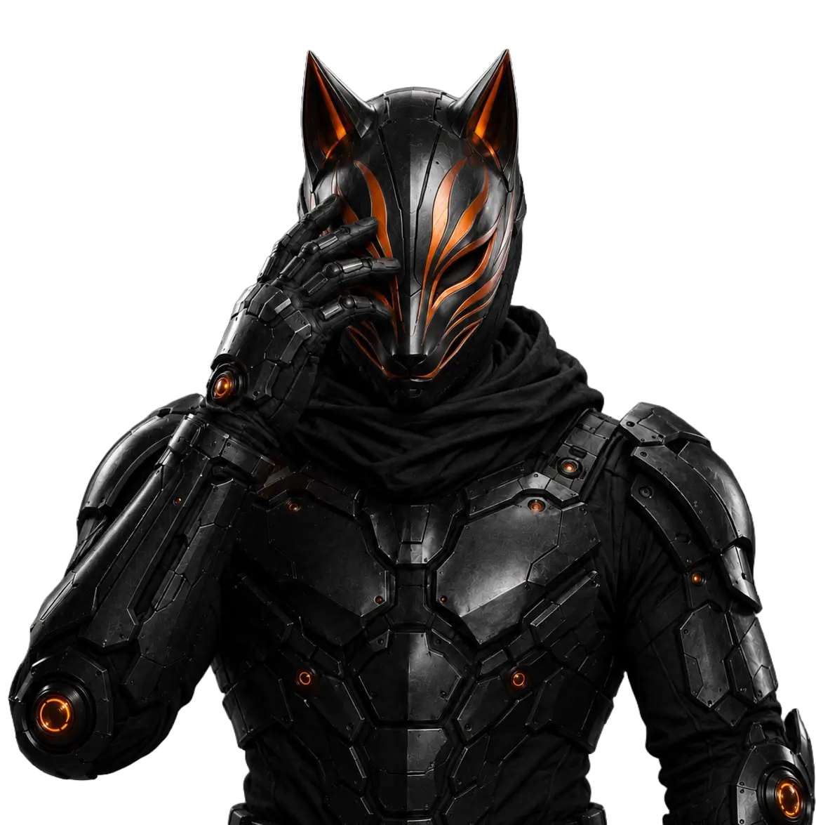 Portrait futuriste Maison Kenzoshiro avec masque noir et orange