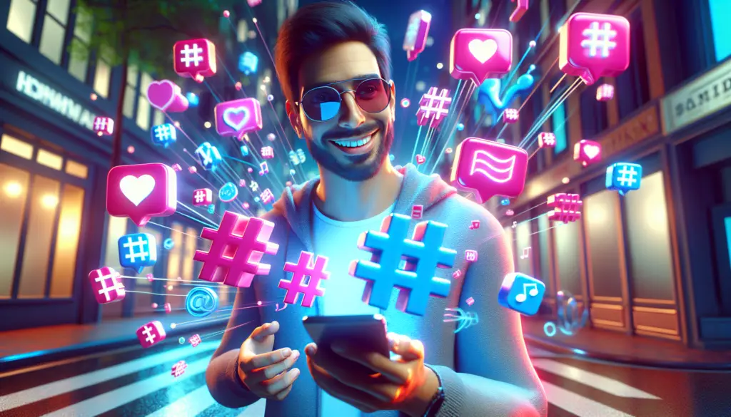 Illustration 3D hyper-réaliste d'un créateur TikTok souriant dans un cadre urbain vibrant, entouré d'éléments visuels animés tels que des hashtags colorés et des notes de musique, représentant l'essence de la création de contenu viral.