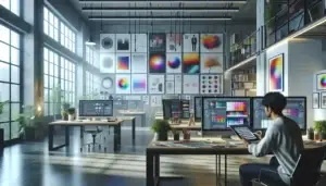 Espace de travail créatif moderne avec designer utilisant une tablette avancée, entouré d'outils de design graphique et d'écrans affichant des infographies colorées, dans une ambiance lumineuse et inspirante.