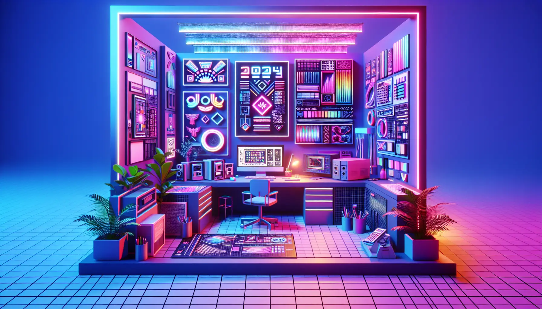 Illustration 3D hyper-réaliste d'un espace de travail de graphiste en 2024, mettant en valeur des typographies audacieuses, des designs modernes, des palettes de couleurs vives avec des dégradés néon, et des éléments rétro intégrés dans un environnement minimaliste inspirant.