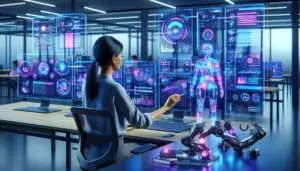 Visualisation 3D hyper-réaliste d'un marketeur digital au travail, interagissant avec une interface futuriste présentant des métriques de campagnes email personnalisées et des données analytiques en temps réel, le tout dans une ambiance moderne et technologique avec des effets de lumière néon.