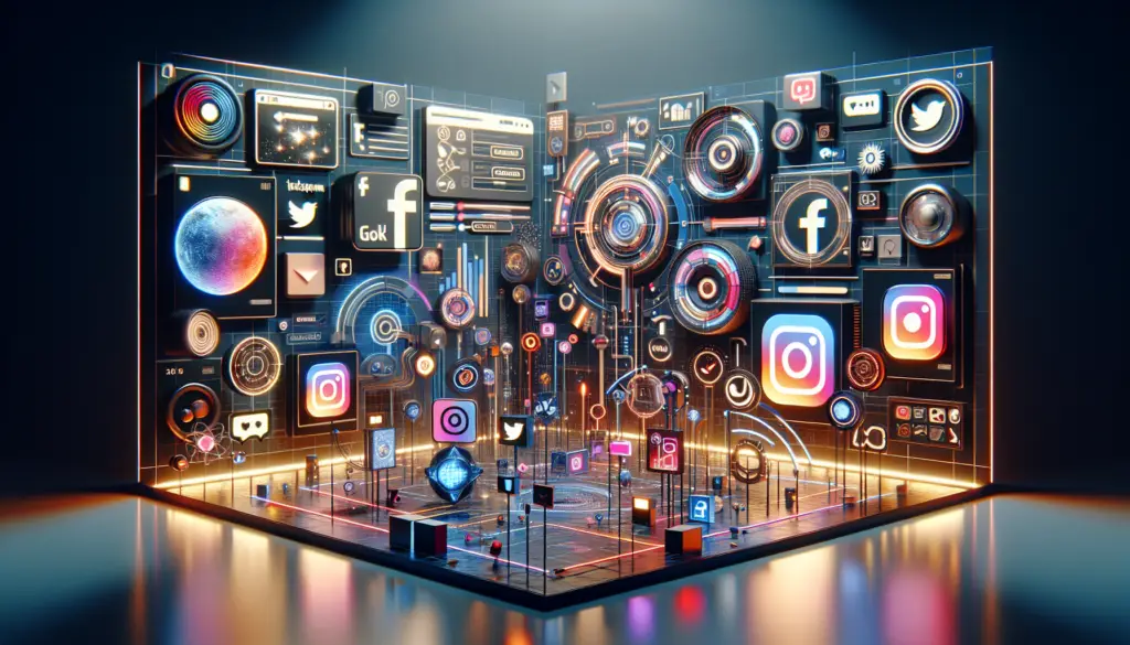 Illustration numérique captivante d'un paysage des médias sociaux pour 2024, montrant des infographies virales colorées et modernes, représentant des plateformes comme Instagram, Facebook, TikTok et LinkedIn, avec des éléments de design épuré et une esthétique high-tech.