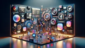 Illustration numérique captivante d'un paysage des médias sociaux pour 2024, montrant des infographies virales colorées et modernes, représentant des plateformes comme Instagram, Facebook, TikTok et LinkedIn, avec des éléments de design épuré et une esthétique high-tech.