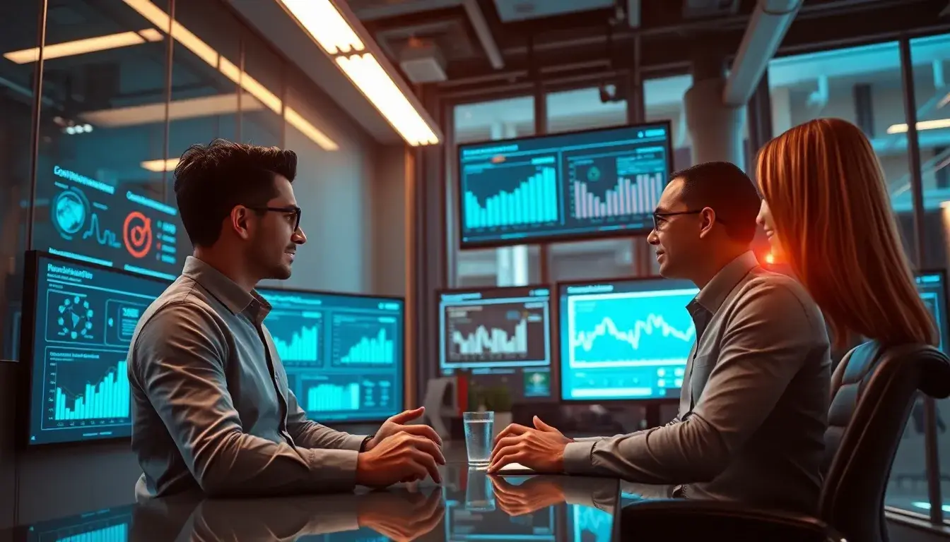 Bureau futuriste avec des professionnels discutant de stratégies de contenu généré par IA, mettant en avant des écrans d'analyse de données.