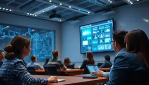 Salle de classe numérique moderne avec des outils d'apprentissage alimentés par l'IA et des participants attentifs lors d'une session de micro-learning.