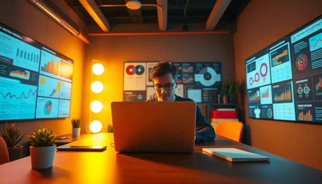 Espace de travail créatif avec une personne utilisant Piktochart AI pour créer des infographies dynamiques.