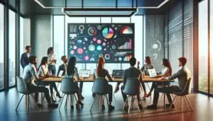 Scène dynamique d'un espace de travail moderne avec des jeunes professionnels collaborant autour d'un écran numérique affichant des infographies colorées, illustrant l'importance du contenu visuel dans le marketing digital.