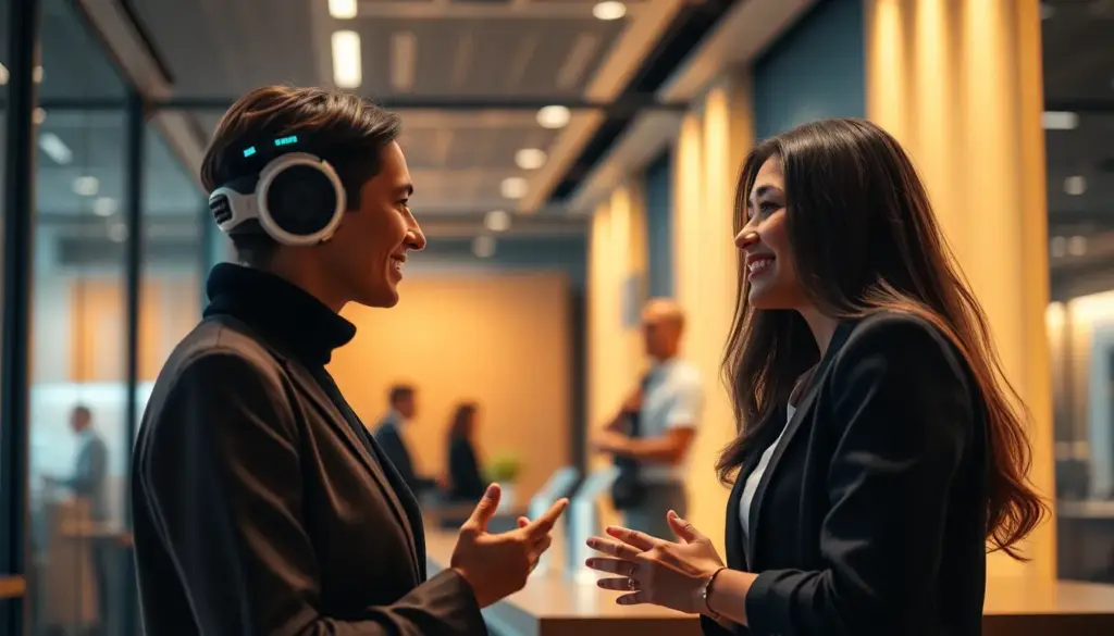 Assistant virtuel discutant avec des clients dans un bureau moderne, illustrant l'amélioration de l'expérience client.