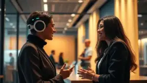 Assistant virtuel discutant avec des clients dans un bureau moderne, illustrant l'amélioration de l'expérience client.