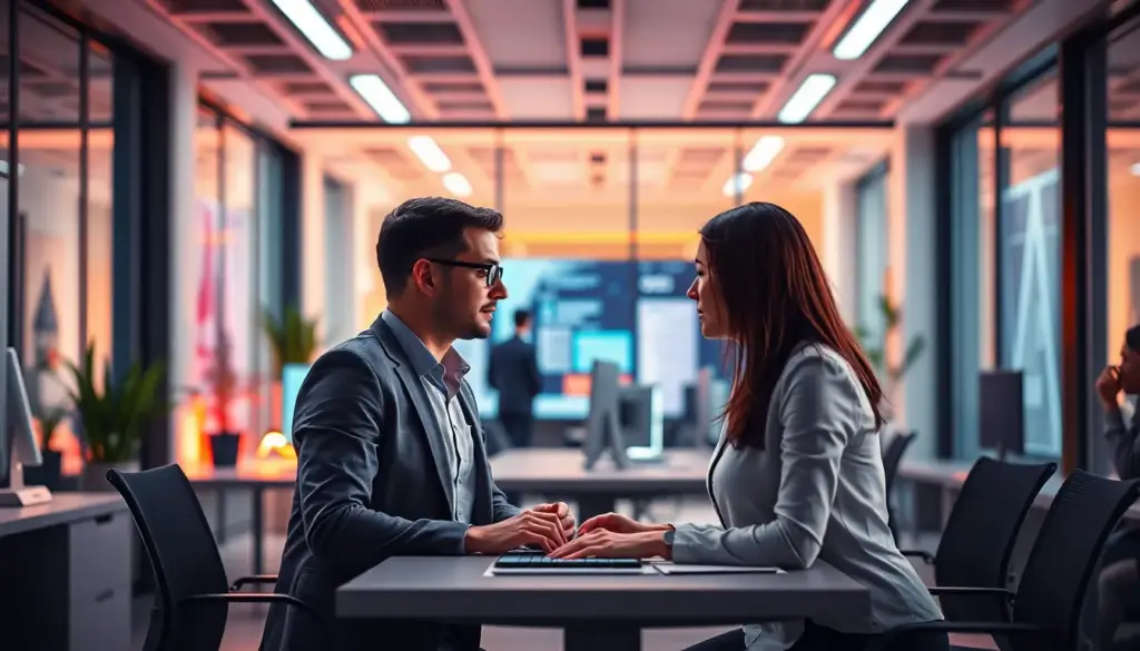 Bureau moderne d'un assistant virtuel IA interagissant avec des clients, illustrant l'importance de l'expérience client.
