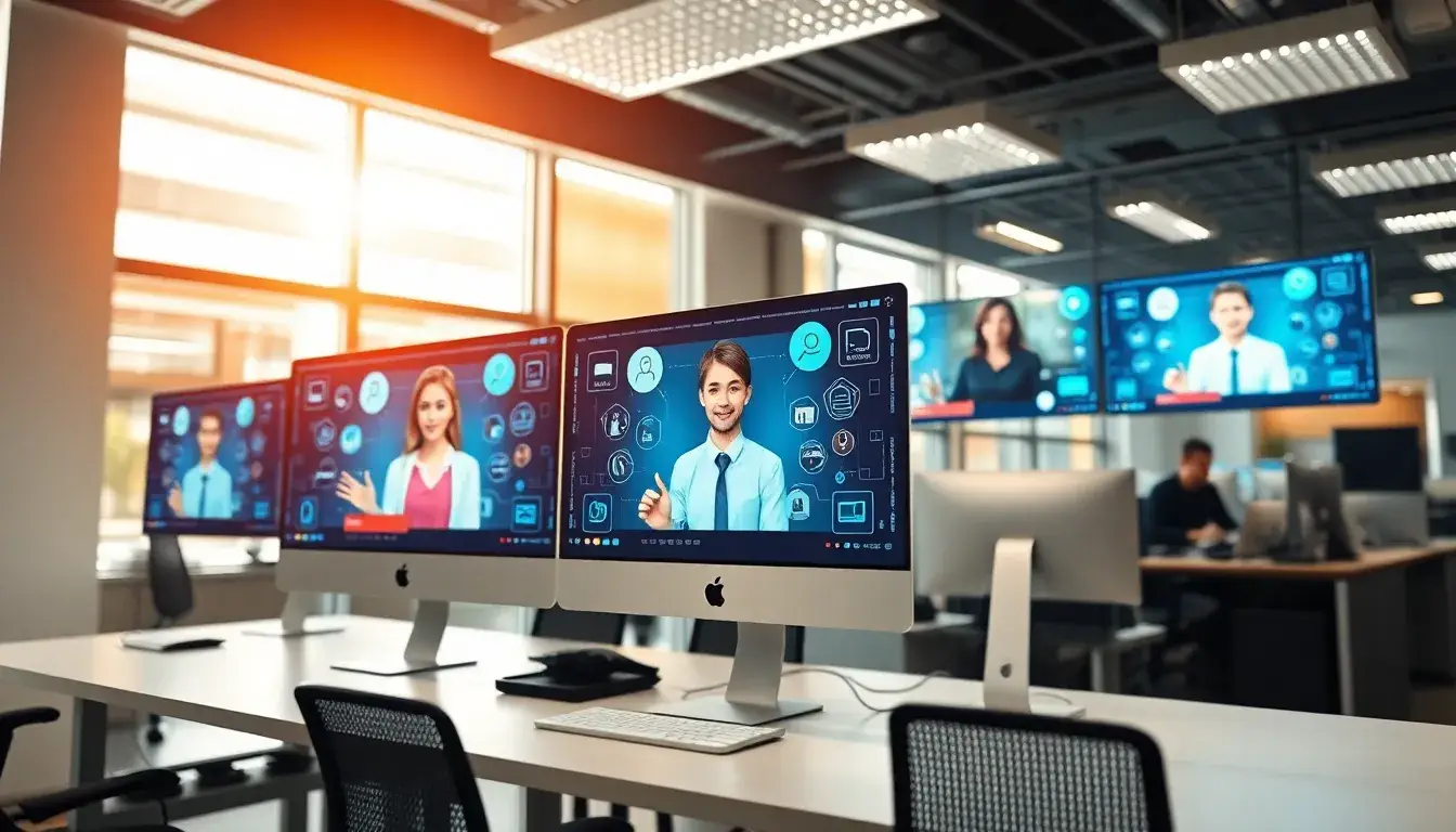 Bureau moderne avec assistants virtuels affichés sur des écrans, illustrant l'amélioration de la communication client par l'IA.