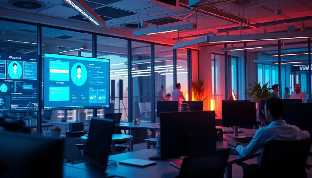 Bureau moderne avec interface d'assistant virtuel démontrant l'automatisation des tâches et la collaboration en équipe.