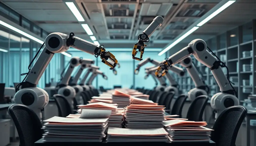 Bureau moderne avec bras robotiques triant des documents, illustrant l'automatisation des tâches répétitives par l'IA.
