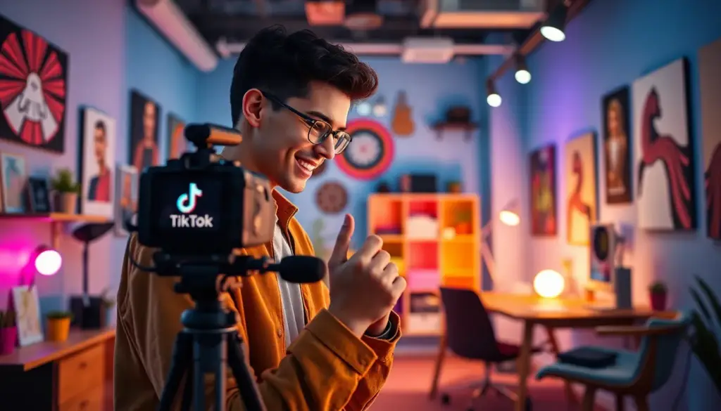 Jeune entrepreneur filmant des vidéos TikTok dans un espace créatif moderne, soulignant l'importance de la stratégie sur les réseaux sociaux.