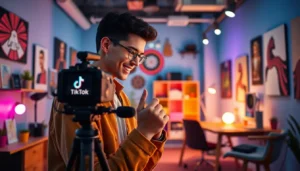 Jeune entrepreneur filmant des vidéos TikTok dans un espace créatif moderne, soulignant l'importance de la stratégie sur les réseaux sociaux.