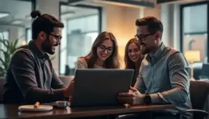 Équipe marketing dans un bureau moderne utilisant des outils d'IA comme ChatGPT et Jasper AI, illustrant la productivité et la créativité.