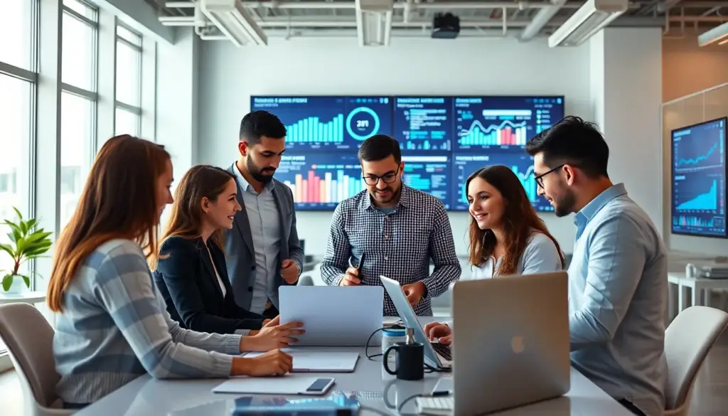 Équipe marketing moderne collaborant dans un bureau lumineux, utilisant des technologies et affichant des données analytiques pour des stratégies marketing personnalisées.
