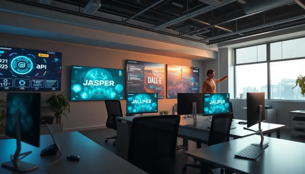 Espace de bureau moderne avec des outils d'IA pour la création de contenu, illustrant l'efficacité des technologies de Maison Kenzoshiro.