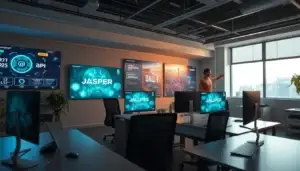 Espace de bureau moderne avec des outils d'IA pour la création de contenu, illustrant l'efficacité des technologies de Maison Kenzoshiro.