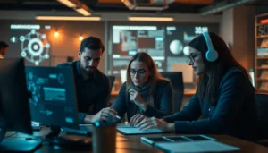 Espace de travail créatif avec une équipe collaborant sur des stratégies marketing utilisant des outils IA.