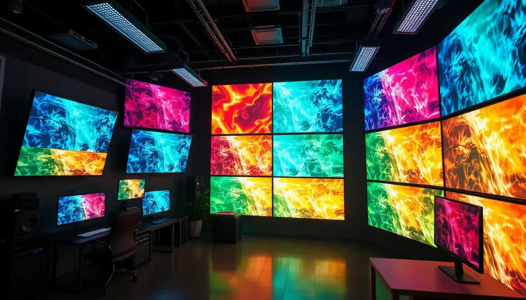 Espace de travail créatif avec des écrans affichant du contenu généré par IA, illustrant la fusion entre créativité humaine et technologie IA.
