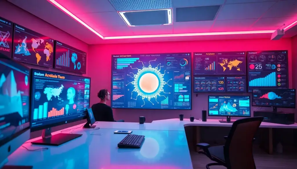 Espace de travail innovant présentant des infographies captivantes liées aux outils d'IA pour la création de contenu visuel.