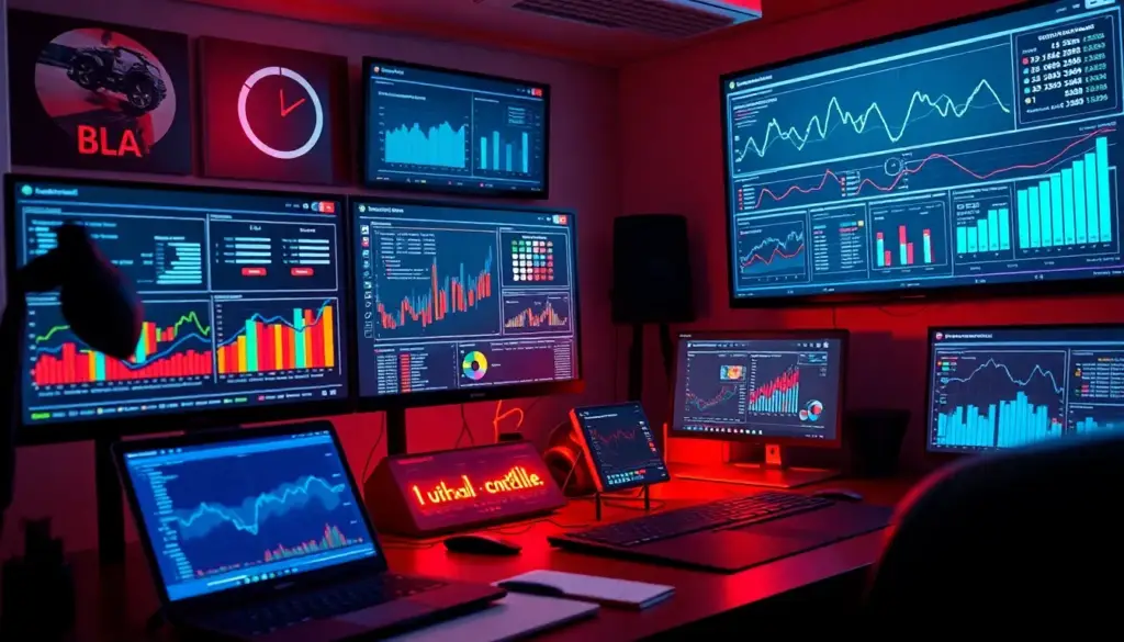 Espace de travail marketing numérique avec analyse de données, illustrant l'utilisation d'outils IA comme Albert.ai et Meta Advantage+ pour optimiser les campagnes.