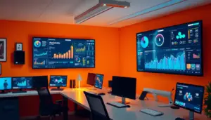 Espace de travail numérique avec écrans affichant des analyses des médias sociaux et des outils IA, illustrant l'impact de l'IA sur le marketing.