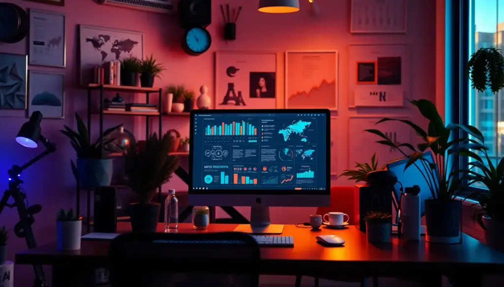 Espace de travail moderne avec outil de création d'infographies d'IA sur un écran, illustrant la simplicité de créer des infographies attrayantes.