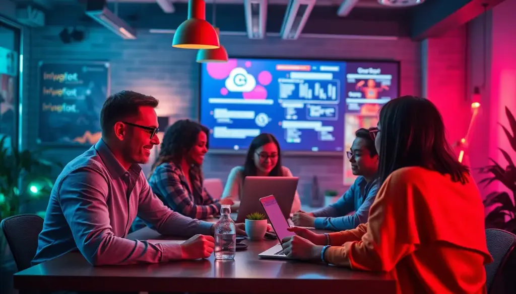 Espace de marketing digital avec des professionnels utilisant des outils IA comme ChatGPT, illustrant la collaboration et la créativité.