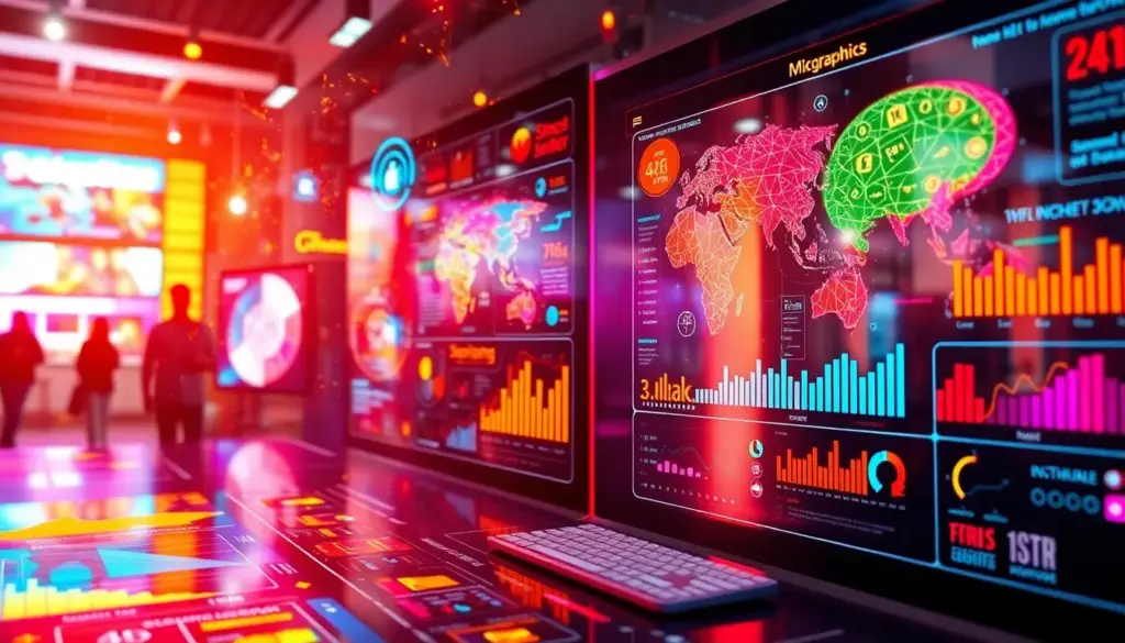 Illustration d'infographies génératives par IA avec des graphiques vibrants et modernes, mettant en avant la créativité et la technologie.