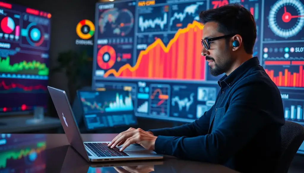 Marketeur professionnel utilisant des outils IA sur un ordinateur, illustrant des stratégies marketing modernes.