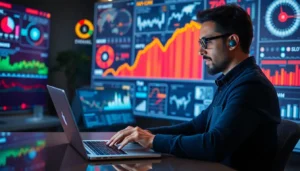 Marketeur professionnel utilisant des outils IA sur un ordinateur, illustrant des stratégies marketing modernes.