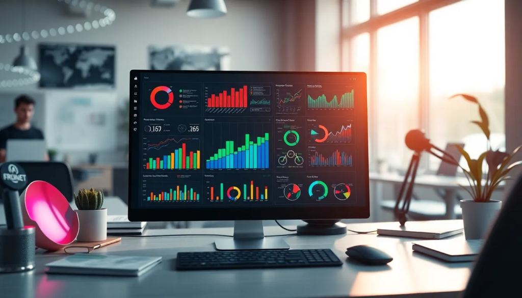 Interface d'outil de création d'infographies alimenté par IA, montrant des graphiques colorés et des visualisations de données.