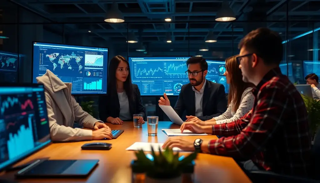 Réunion marketing moderne avec analyse de données sur écrans, mettant en avant des outils d'IA pour l'automatisation et l'analyse prédictive.