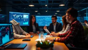Réunion marketing moderne avec analyse de données sur écrans, mettant en avant des outils d'IA pour l'automatisation et l'analyse prédictive.