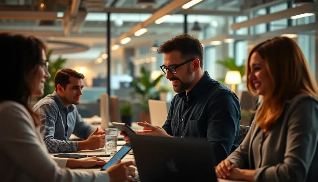 Scène de bureau dynamique avec professionnels utilisant des outils IA comme Zapier et Salesloft, mettant en avant les améliorations de productivité.