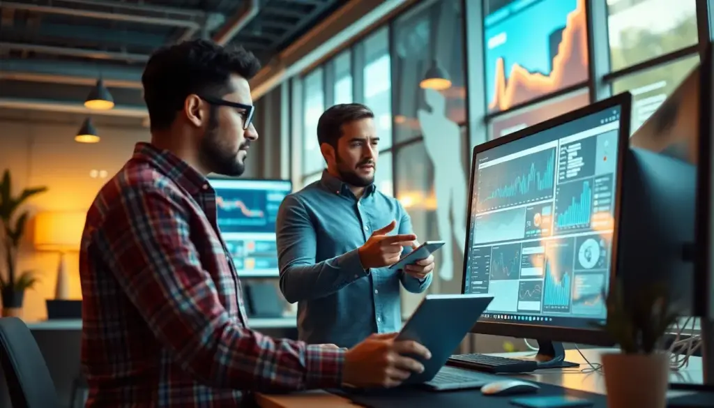Équipe dynamique analysant des données marketing numériques avec des outils basés sur l'IA, illustrant l'intégration de l'IA dans le marketing digital.